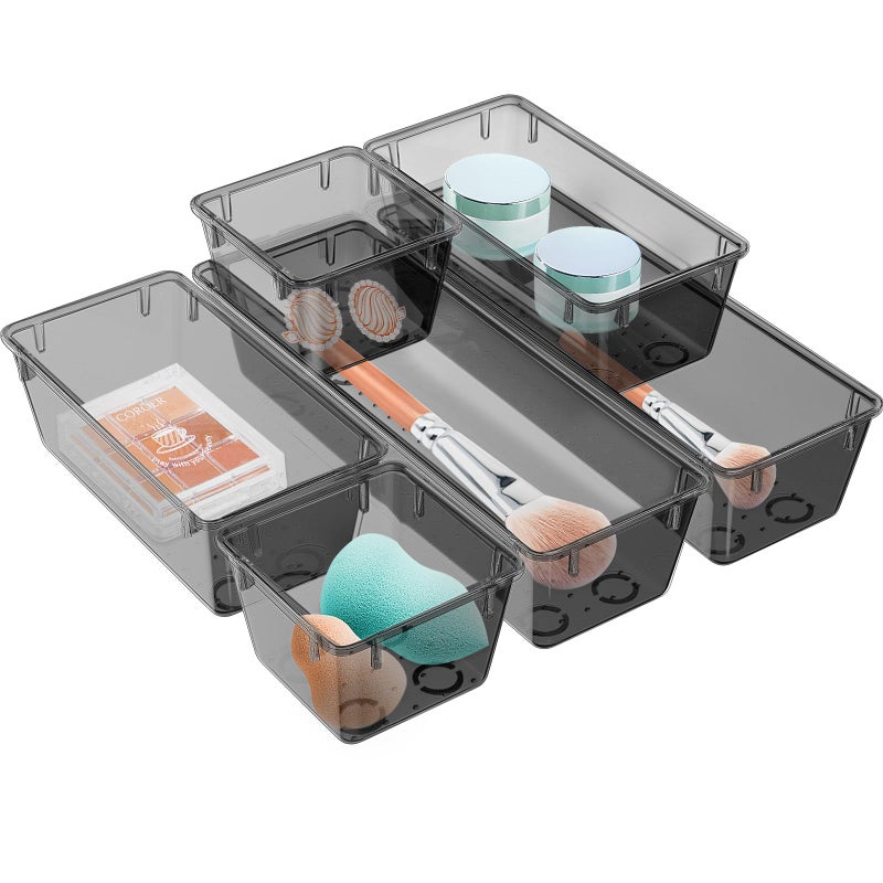 WOWBOX 6 Pack Clear Drawer Organizer Set  Acrylic Drawer Storage Trays  Storage Bins for Makeup  Cosmetics  Jewelries  Utensils  Gadgets  Office  Black - Image 1
